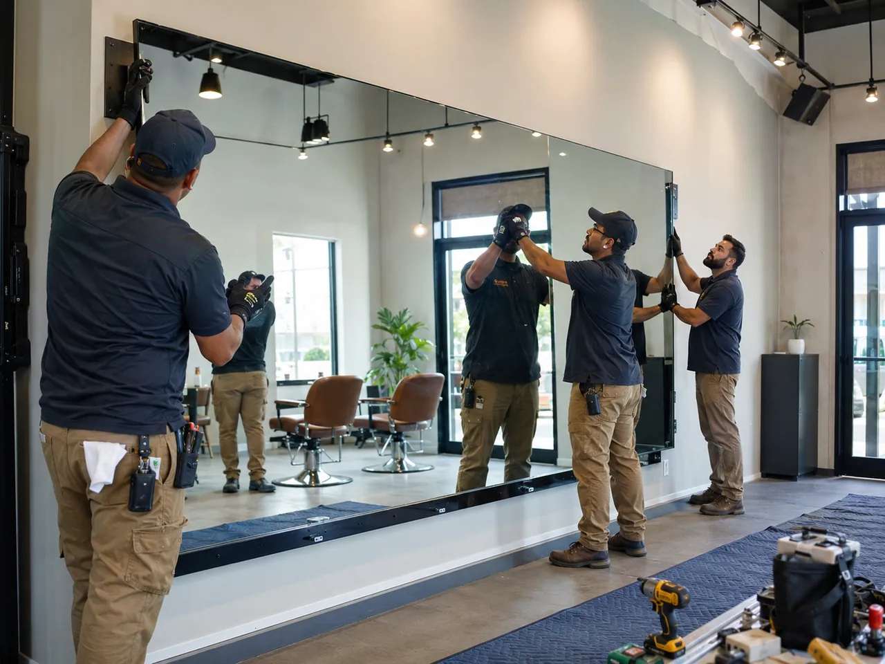 Oversized mirror install — 4-man crew — LightGate Glass, Philadelphia tri-state