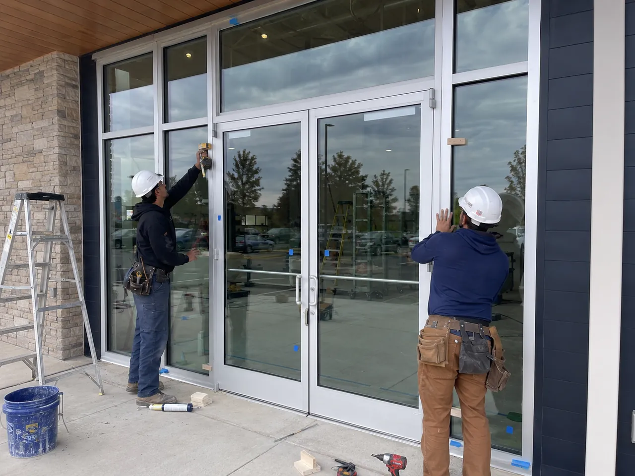 Storefront door install — night crew — LightGate Glass, Philadelphia tri-state
